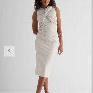 Express Beige Twist-Front Midi Dress